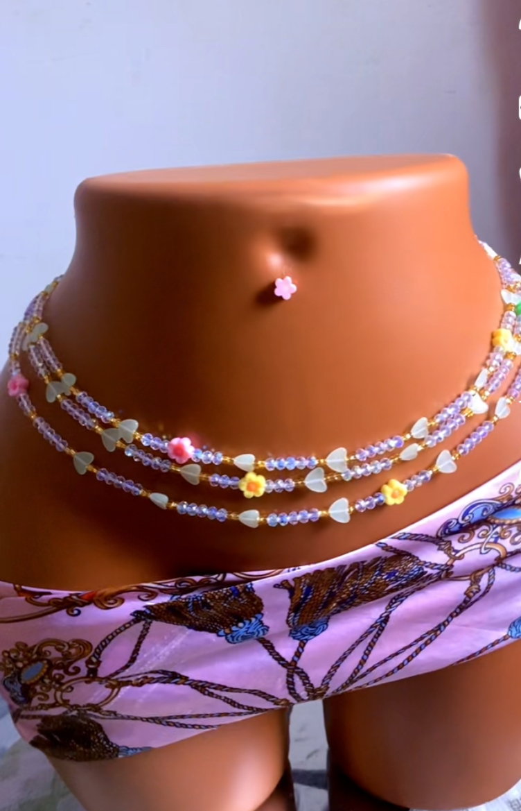 Blossom Love 3 Layer Waist Beads - Lilac Crystal With Flower Charms by OBELS BEADING — products in Ghana on KUDUPAZAR